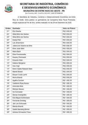 Lista de Ganhadores da Campanha Nota Fiscal Premiada - Edição Fim de Ano